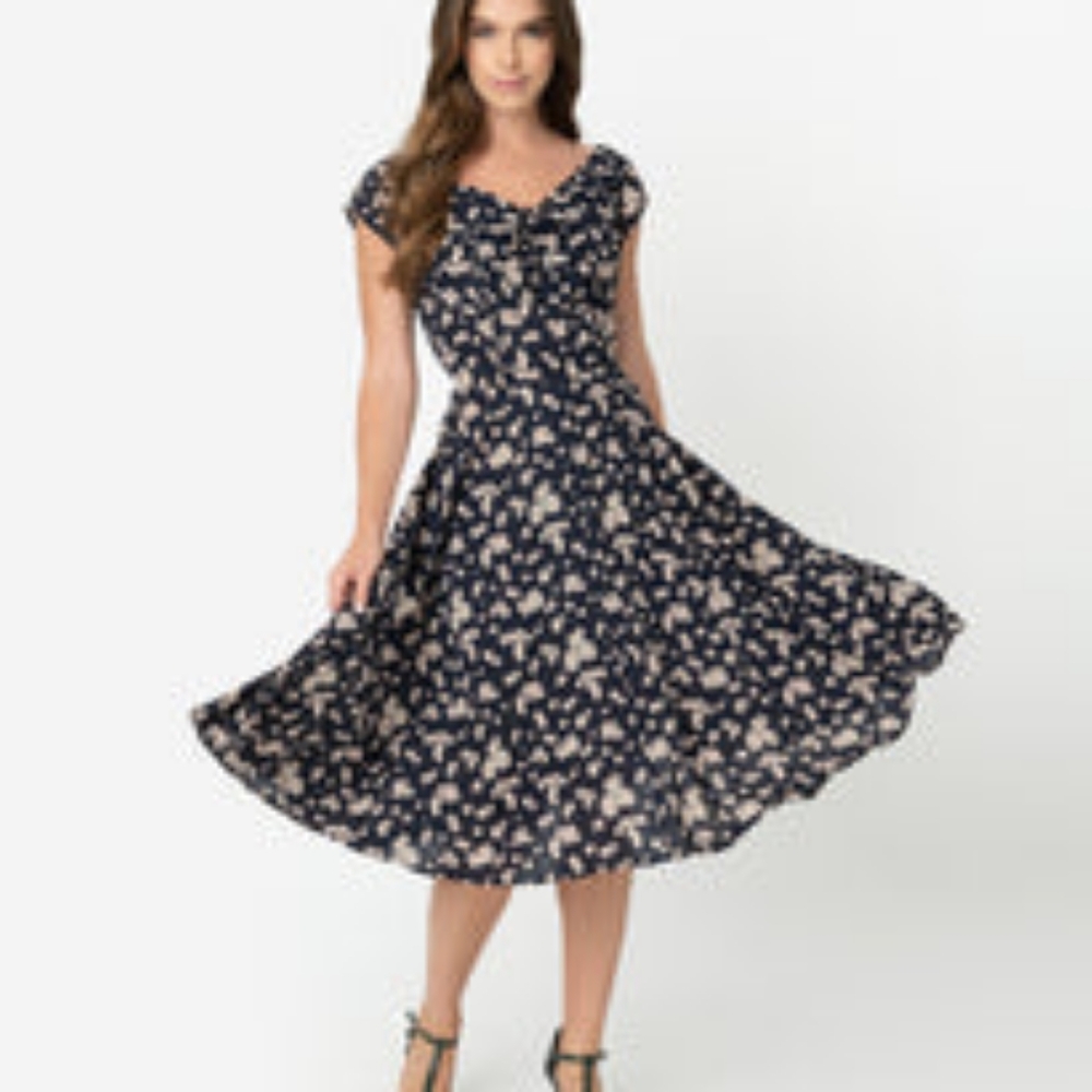 Unique Vintage 1940s Style Navy & Pink Floral Print Havilland Dress - XL/14